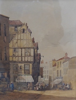 19th century School, watercolour, Street scene with figures, unsigned, 31 x 23cm. Condition - fair